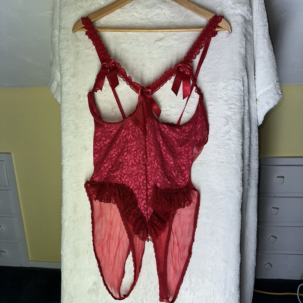Vintage Intimate Sheer Red Lace Teddy Feminine Open Cups  Erotic‎ Lingerie 3/4